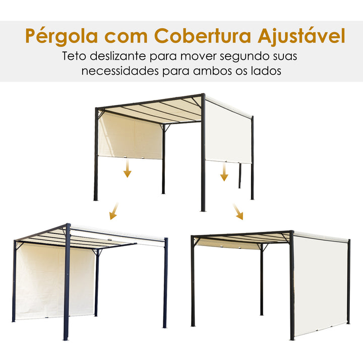 Pérgola 3x3 Pérgola com Teto Retrátil e Parede Lateral Versátil para Jardim pátio Terraço e Tecido de Poliéster Creme e Preto