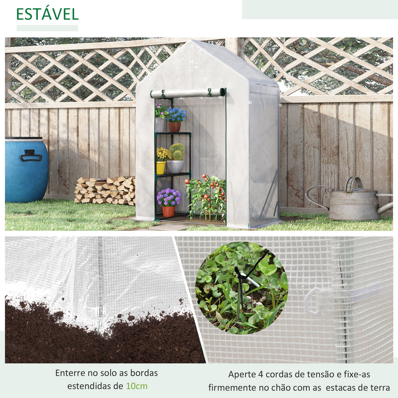 Estufa de Jardim 143x73x195cm Estufa de Aço com 2 Prateleiras e Porta Enrolável para Cultivos de Plantas Vasos de Flores Pátio Exterior Branco