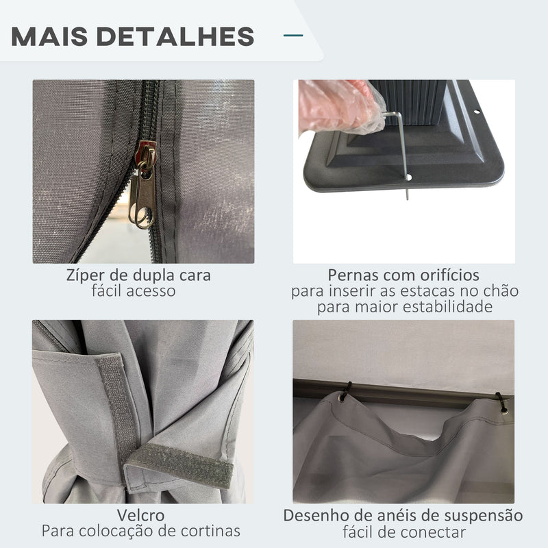 Pérgola de Jardim 4x3m Pérgola com Teto de Ventilação 4 Cortinas Laterais e 8 Orifícios de Drenagem Pérgola de Alumínio para Exterior Pátio Festas Cinza