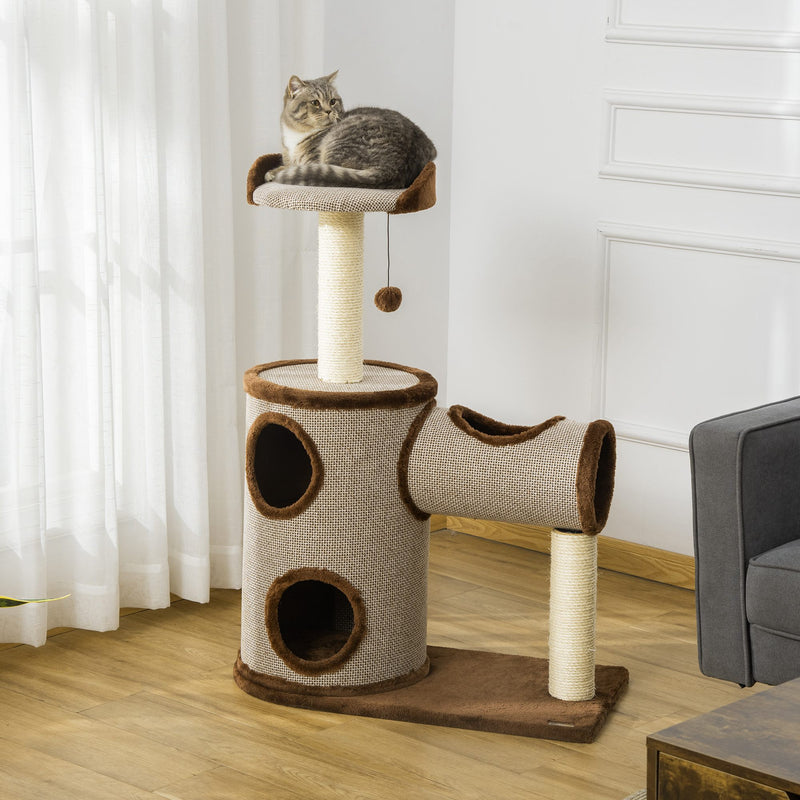 Árvore Arranhador para Gatos Médios Altura 104cm Torre de Escalada para Gatos com Barril Arranhador Plataforma Superior Túnel Poste de Sisal e Bola Suspensa 75x39x104cm Marrom