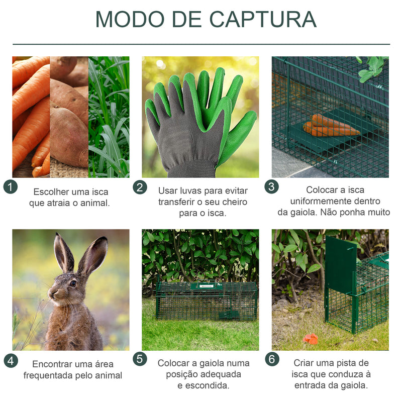 Armadilha para Animais Vivos com Porta Gaiola de Captura com Alça de Transporte para Coelhos Raposas Pequenas 60x18x20cm Verde Escuro