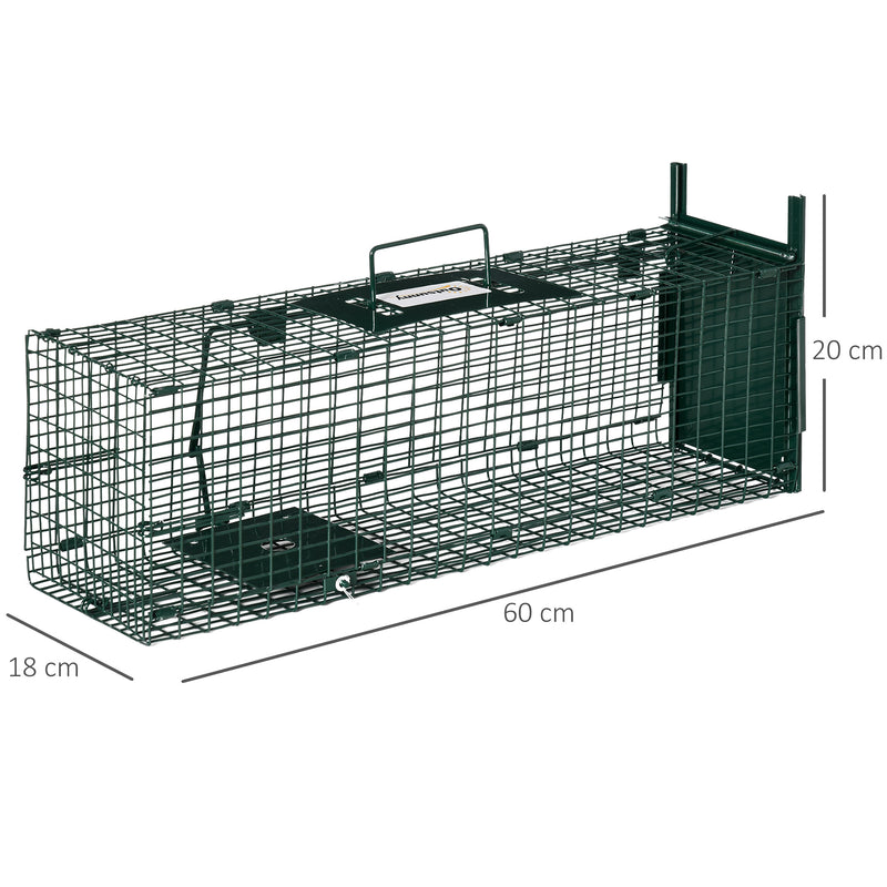 Armadilha para Animais Vivos com Porta Gaiola de Captura com Alça de Transporte para Coelhos Raposas Pequenas 60x18x20cm Verde Escuro