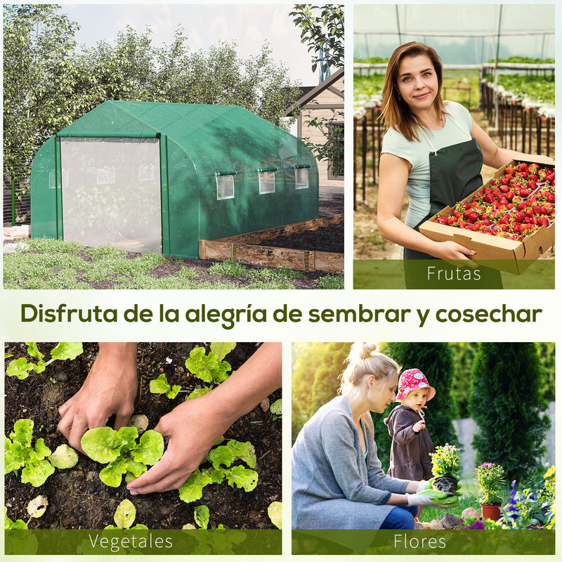 Estufa de Túnel 3,5x3x2m Estufa de Jardim com Porta e 6 Janelas Enroláveis de Polietileno Metal Galvanizado para Cultivos de Plantas Flores Verde