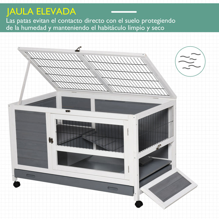 Coelheira de madeira para animais de estimação pequenos 2 andares com rampa rodas bandeja removível 102x60x63,5 cm Cinza branco