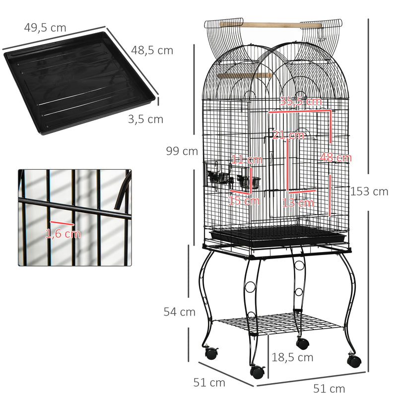 Gaiola para Pássaros com Suporte e Rodas Gaiola Grande de Metal com Bandeja Amovível e 2 Tigelas para Papagaios Piriquito 51x51x153 cm Preto