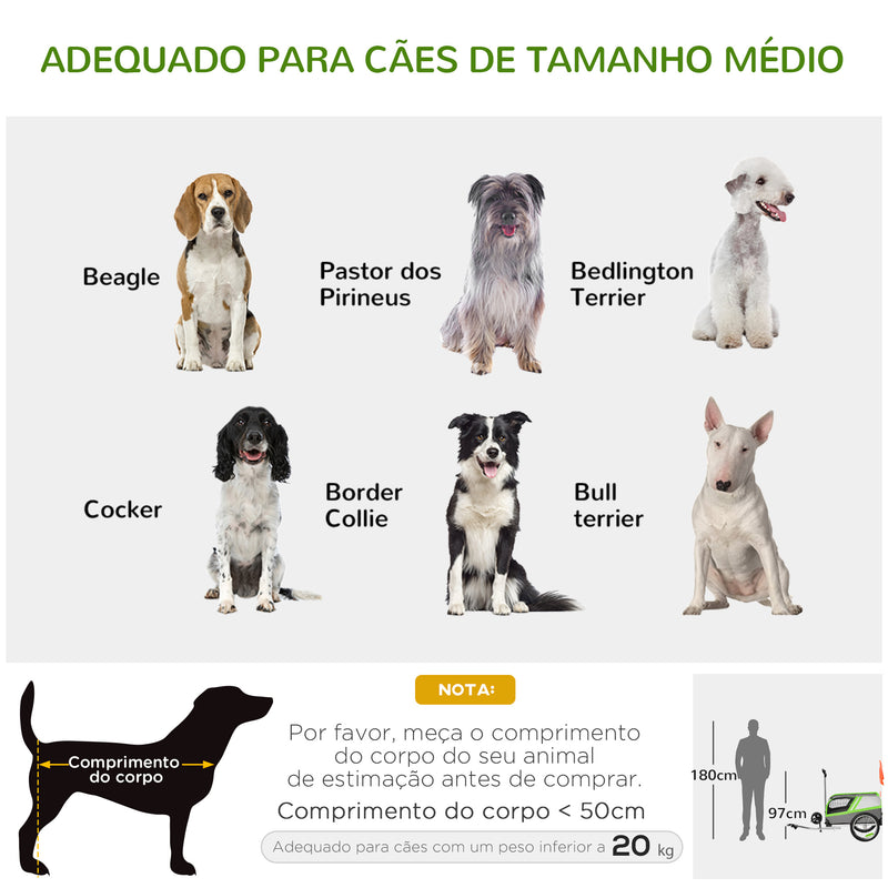 Reboque de Bicicleta para Cães 2 em 1 Carrinho para Animais de Estimação com Porta Enrolável Cinto de Segurança Bandeira e Refletores 130x64x92cm Verde e Cinza