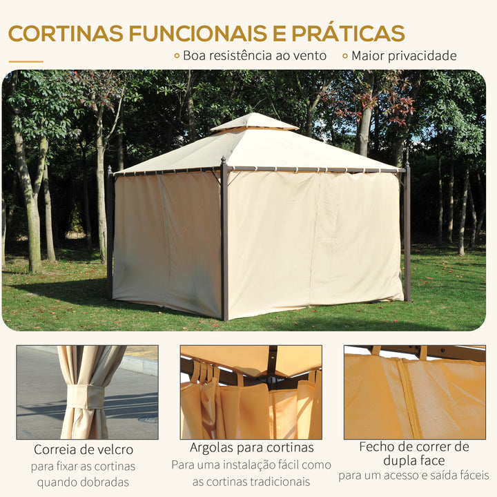Pérgola de Jardim 300x300x270 cm Pérgola com Duplo Teto 4 Cortinas Laterais para Exterior Festas Eventos Bege