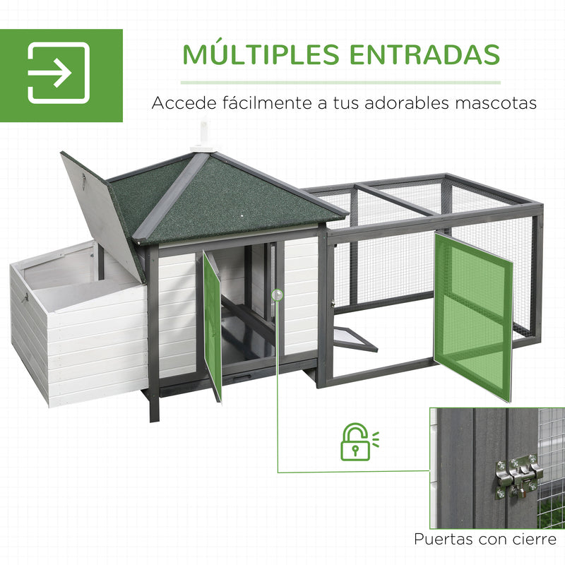 Galinheiro de madeira de abeto para galinhas exterior com bandeja removível e espaço de corrida 196x76x97 cm Cinza