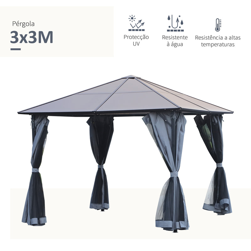 Gazebo 3x3 m com telhado de policarbonato 4 cortinas laterais e 4 redes mosquiteiras com zíper de estrutura metálica para multicolor