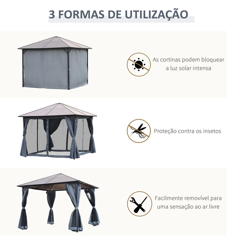 Gazebo 3x3 m com telhado de policarbonato 4 cortinas laterais e 4 redes mosquiteiras com zíper de estrutura metálica para multicolor