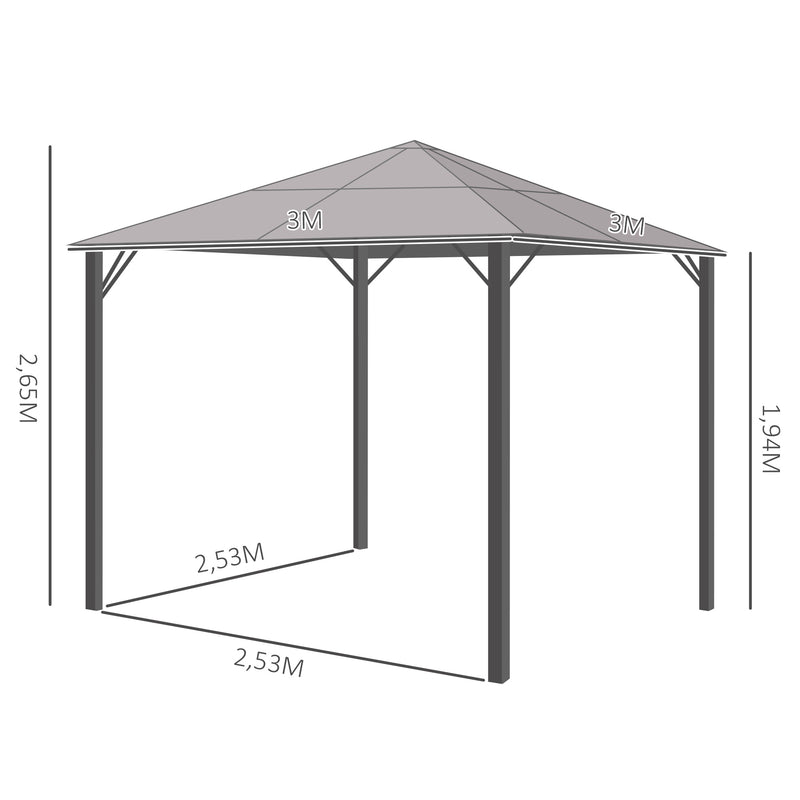 Gazebo 3x3 m com telhado de policarbonato 4 cortinas laterais e 4 redes mosquiteiras com zíper de estrutura metálica para multicolor