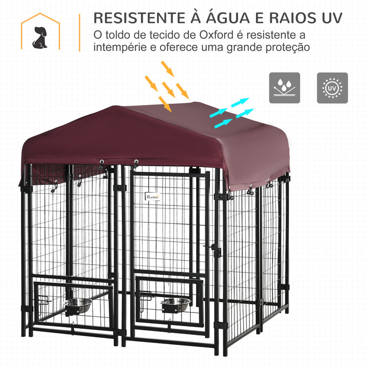 Parque para Animais de Estimação com Toldo de Tecido Oxford Gaiola para Cães 8 Painéis com 2 Comedouros Giratórios Porta com Fechadura para Jardim Exterior 120x120x138cm Preto