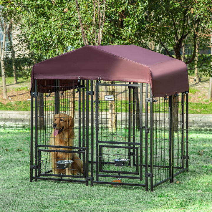 Parque para Animais de Estimação com Toldo de Tecido Oxford Gaiola para Cães 8 Painéis com 2 Comedouros Giratórios Porta com Fechadura para Jardim Exterior 120x120x138cm Preto