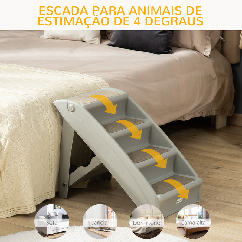 Escada Dobrável para Animais de Estimação de 4 Degraus para Cães Gatos Portátil com Tapetes Antiderrapantes para Cama Sofá Carga 20kg 62x38x49,5cm Cinza