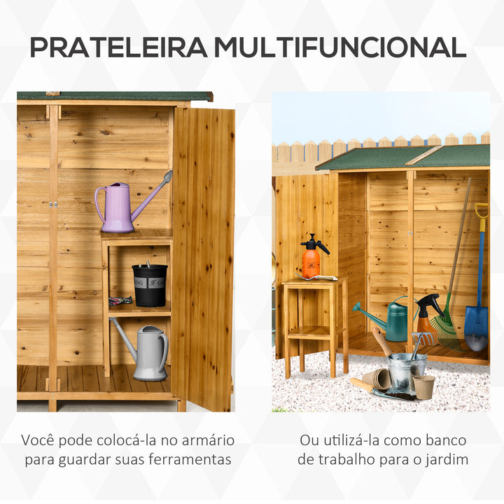 Abrigo de Jardim de Madeira 140x75x160cm Galpão para Armazenamento de Ferramentas com Prateleira Móvel e Ganchos Madeira Natural