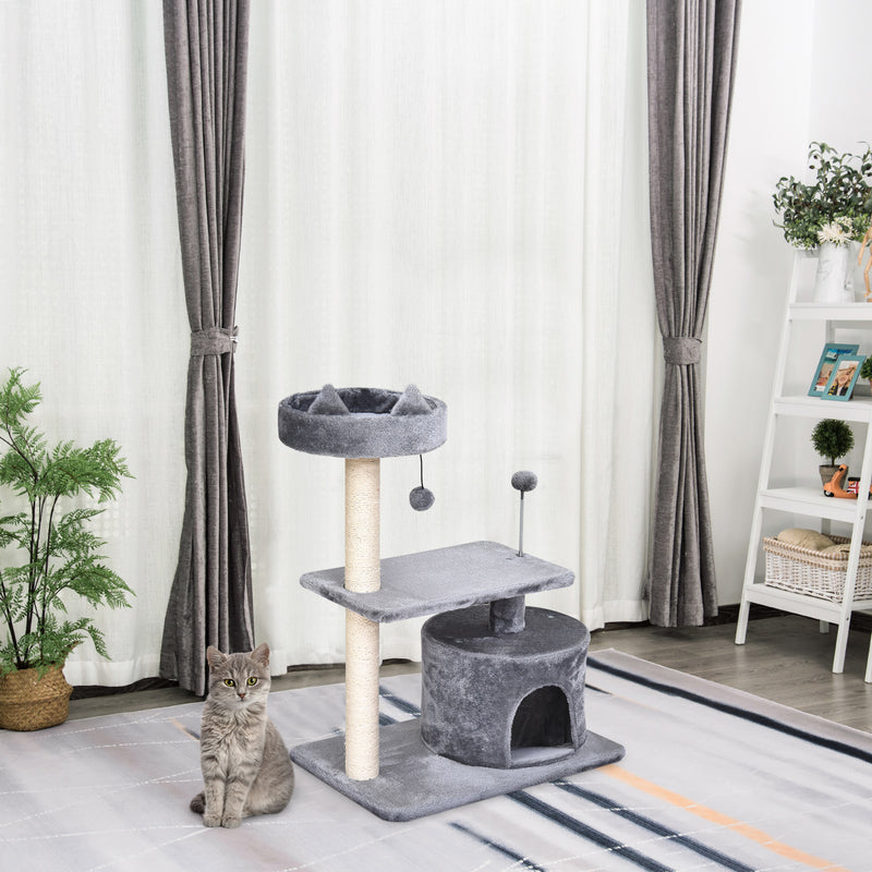 Arranhador para Gatos 81 cm Torre para Gatos Médios com Cama Plataforma Caverna Poste de Sisal e Bolas de Brinquedo 60x40x81 cm Cinza