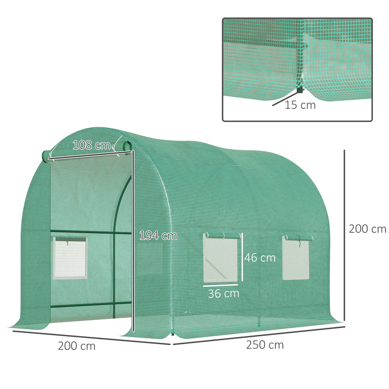 Cobertura de Estufa tipo Túnel 247x200x200cm Cobertura de Substituição para Estufa de Polietileno com 4 Janelas e Porta Enrolável Proteção de Plantas para Jardim Verde