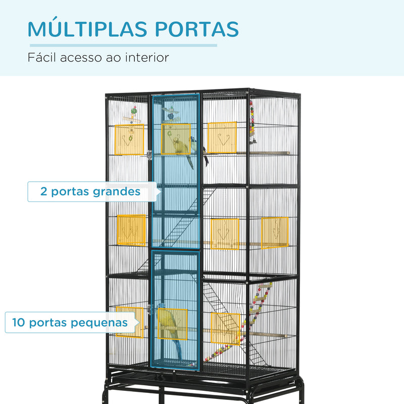 Gaiola para Pássaros com Rodas 83x53x180 cm Gaiola Metálica de 3 Níveis com 3 Poleiros Comedouros Brinquedos Rampas e Prateleira de Armazenamento para Canários Periquitos Preto