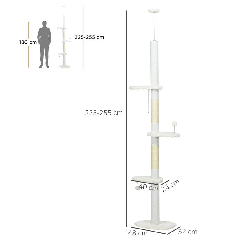 Arranhador para Gatos de 255 cm Torre para Gatos do Chão ao Teto com Altura Ajustável 3 Plataformas em Forma de Nuvem Poste de Arranhar e Bolas Suspensas 48x32x225-255 cm Branco