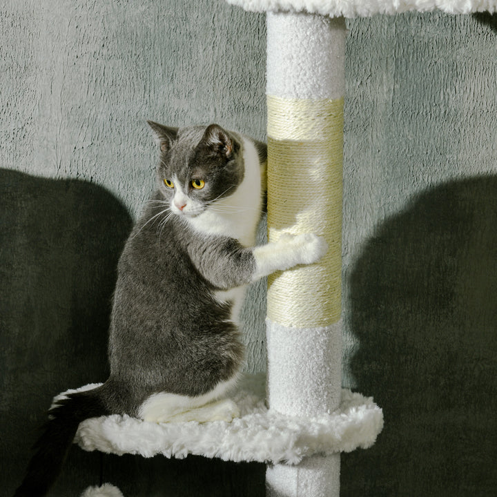 Arranhador para Gatos de 255 cm Torre para Gatos do Chão ao Teto com Altura Ajustável 3 Plataformas em Forma de Nuvem Poste de Arranhar e Bolas Suspensas 48x32x225-255 cm Branco