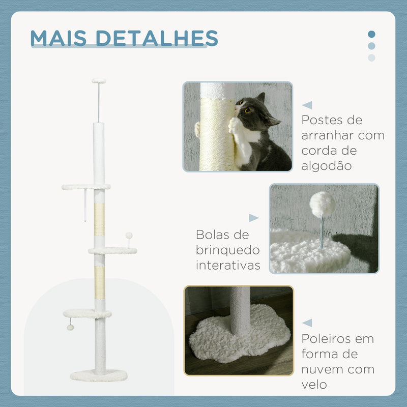 Arranhador para Gatos de 255 cm Torre para Gatos do Chão ao Teto com Altura Ajustável 3 Plataformas em Forma de Nuvem Poste de Arranhar e Bolas Suspensas 48x32x225-255 cm Branco