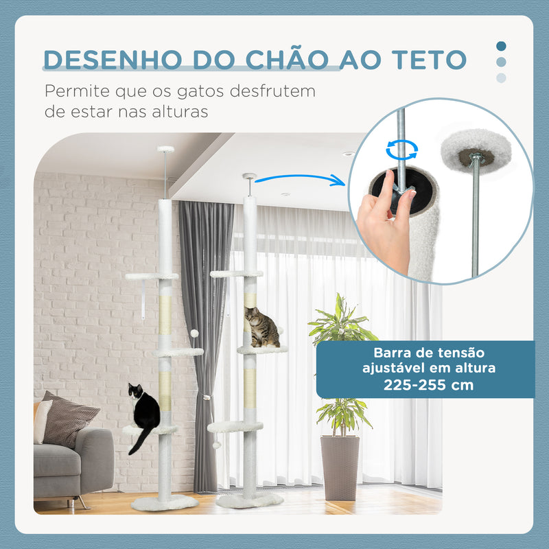 Arranhador para Gatos de 255 cm Torre para Gatos do Chão ao Teto com Altura Ajustável 3 Plataformas em Forma de Nuvem Poste de Arranhar e Bolas Suspensas 48x32x225-255 cm Branco