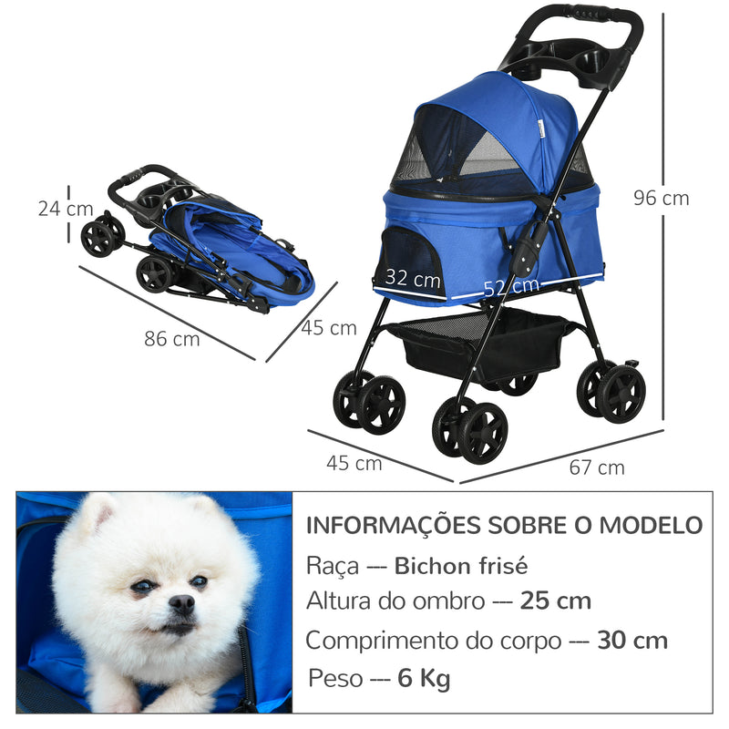 Carrinho dobrável para animais de estimação desmontável para cães de aço Oxford rodas giratórias freios janela 67x45x96 cm azul