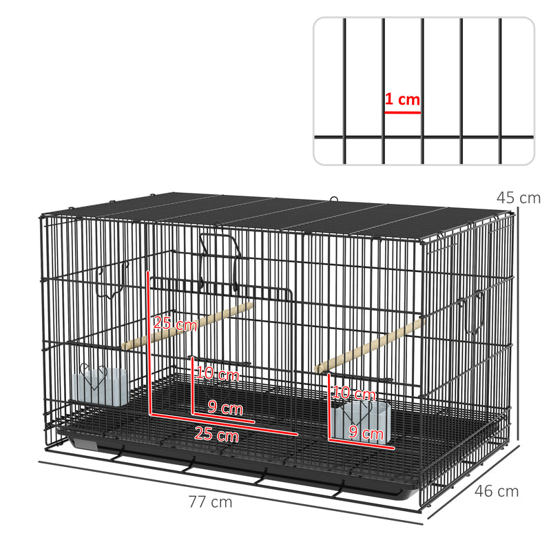 Gaiola para Pássaros 77x46x45 cm Gaiola de Metal para Pássaros com Bandeja Amovível 2 Poleiros e 2 Comedouros para Periquitos Canários Preto