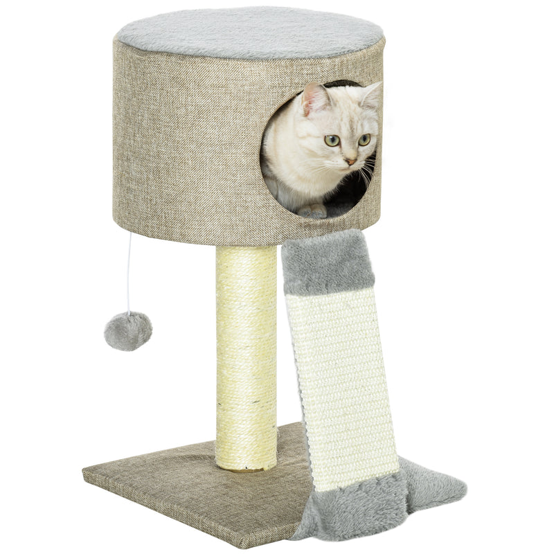 Árvore Arranhador para Gatos Pequena Altura 50cm Árvore Arranhador para Gatos com Caverna Rampa Arranhador de Sisal Natural e Bolsa Suspensa 30x30x50cm Bege Escuro