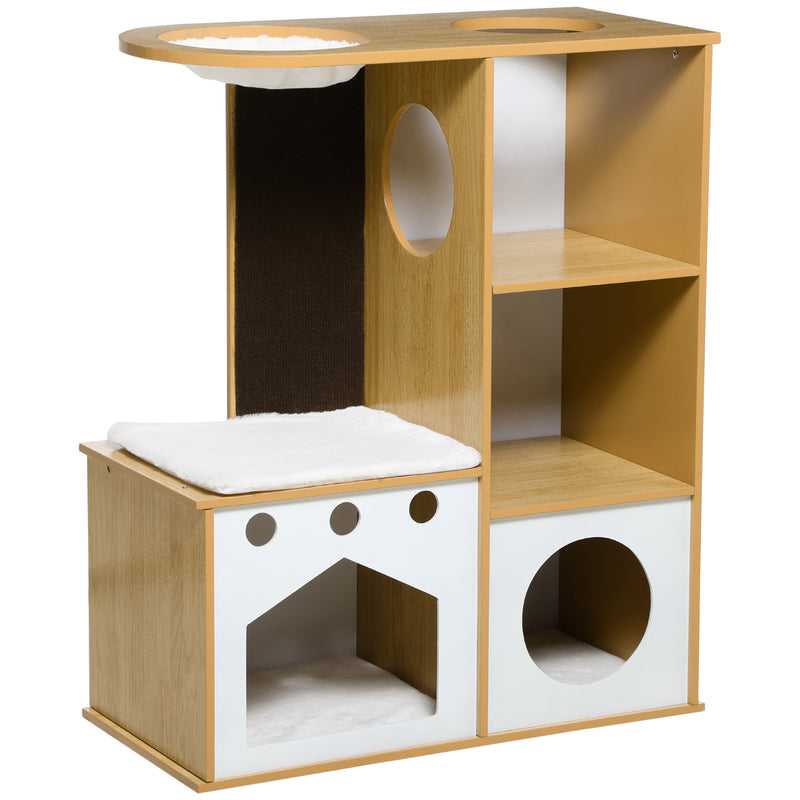 Casa para Gatos de Madeira 92,5cm Torre para Gatos com 2 Cavernas Arranhador Rede e Almofadas de Pélucia 76x37x92,5 cm Carvalho e Branco