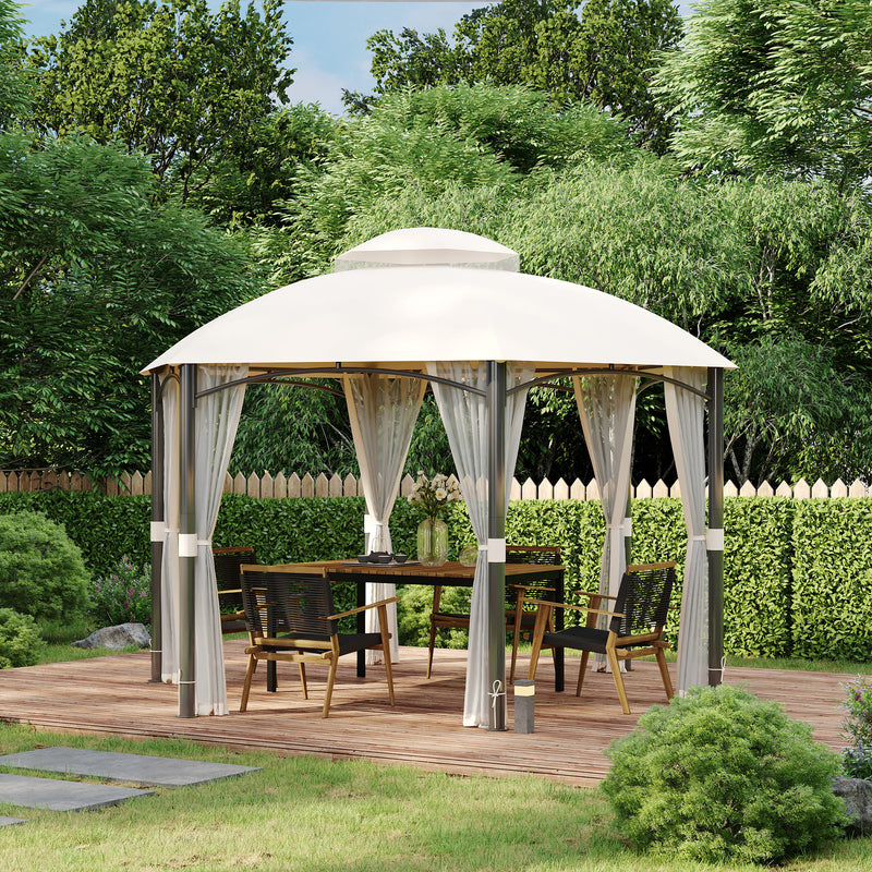 Pérgola de Jardim Hexagonal 4x4m Pérgola de Exterior com Teto Duplo de Ventilação 6 Telas Mosquiteiras com Zíper para Festas Pátio Cáqui