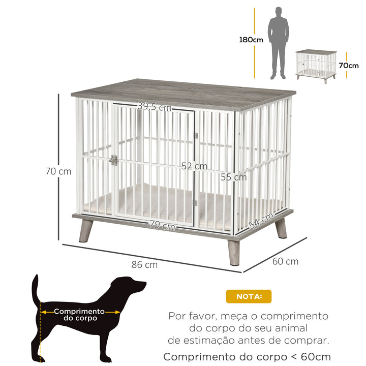 Gaiola para Cães de Madeira 86x60x70cm Gaiola para Cães com Bancada de Armazenamento Porta com Trave Pés Elevados Grade de Aço Branca