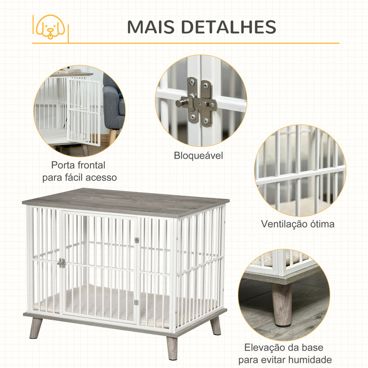Gaiola para Cães de Madeira 86x60x70cm Gaiola para Cães com Bancada de Armazenamento Porta com Trave Pés Elevados Grade de Aço Branca
