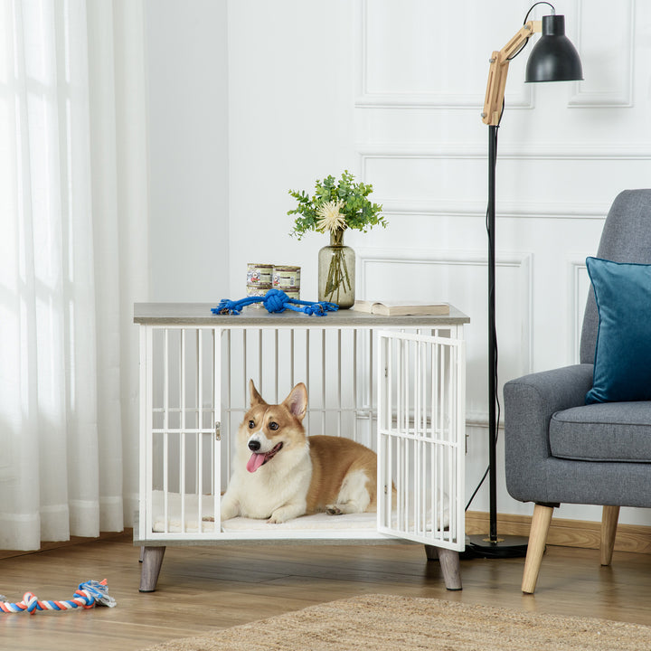 Gaiola para Cães de Madeira 86x60x70cm Gaiola para Cães com Bancada de Armazenamento Porta com Trave Pés Elevados Grade de Aço Branca