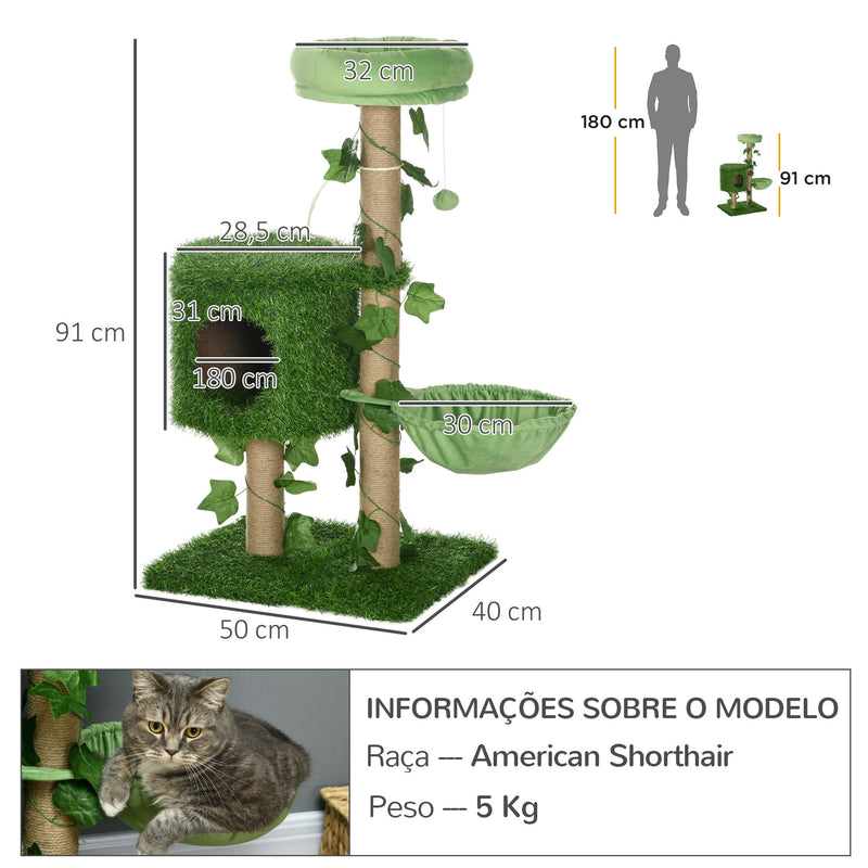 Árvore Arranhador para Gatos 91 cm Torre para 1-2 Gatos com Caverna Cama Rede Poste de Juta e Bola Suspensa 50x40x91 cm Verde