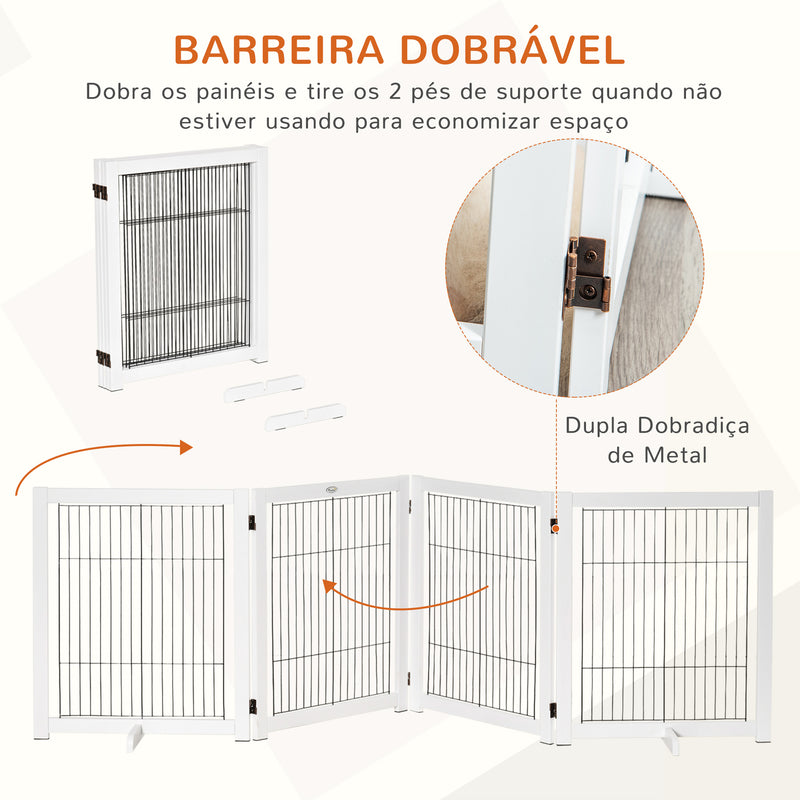 Barreira de Segurança Dobrável para Cães Barreira de Proteção com 4 Painéis para Animais de Estimação com Pés para Portas Escadas Corredores 264x35,5x77cm Branco