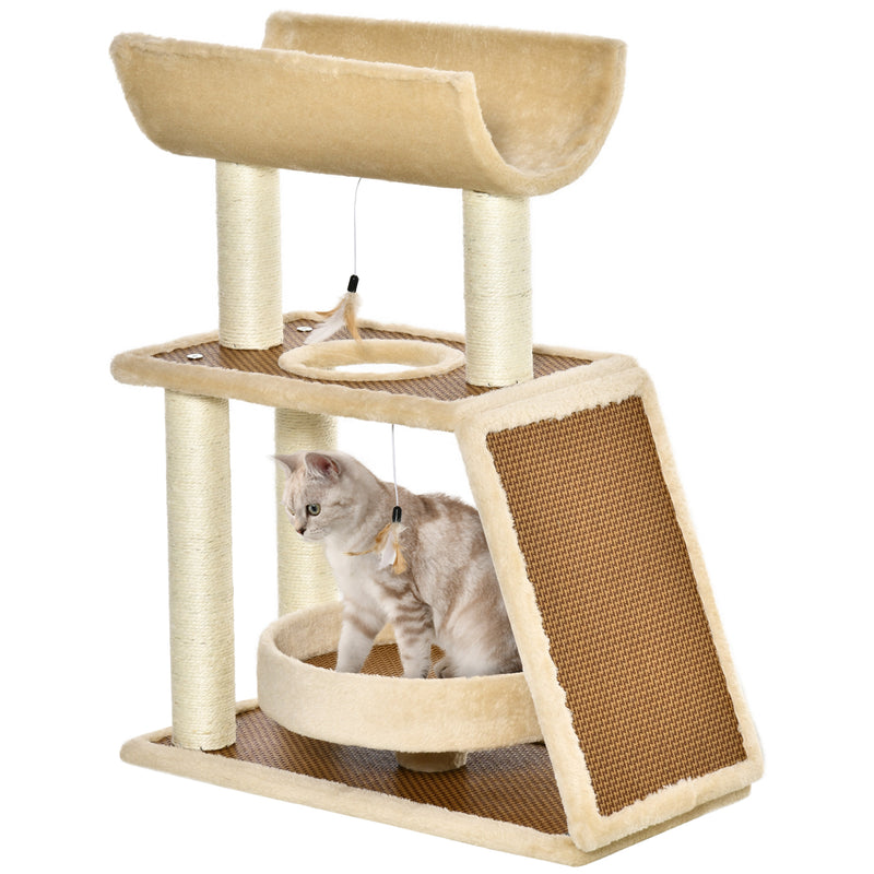 Árvore Arranhadora para Gatos 60x30x76cm com Cama de Linho Postes Arranhadores de Sisal Natural Plataforma Tipo Túnel Rampa e Brinquedos Suspensos Bege e Marrom