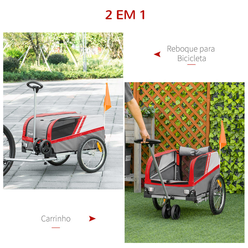 Reboque de Bicicleta para Cães 2 em 1 Carrinho para Animais de Estimação com Porta Enrolável Cinto de Segurança Bandeira e Refletores 130x64x92cm Vermelho e Cinza