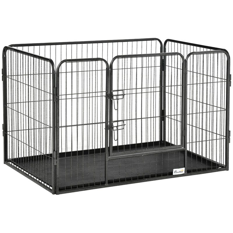 Barreira de Segurança para Animais de Estimação Parque de Diversão para Animais com 4 Painéis de Aço 109x74x71cm com Porta de Trava Dupla e Bandeja Removível para Exterior Interior Cinza