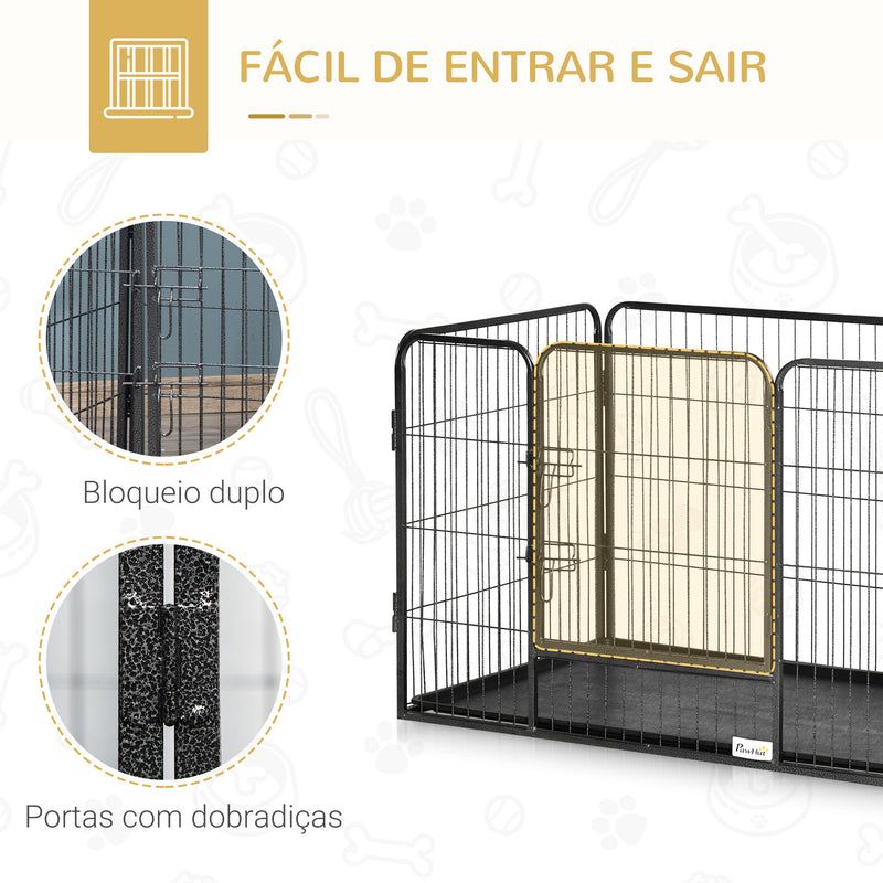 Barreira de Segurança para Animais de Estimação Parque de Diversão para Animais com 4 Painéis de Aço 109x74x71cm com Porta de Trava Dupla e Bandeja Removível para Exterior Interior Cinza