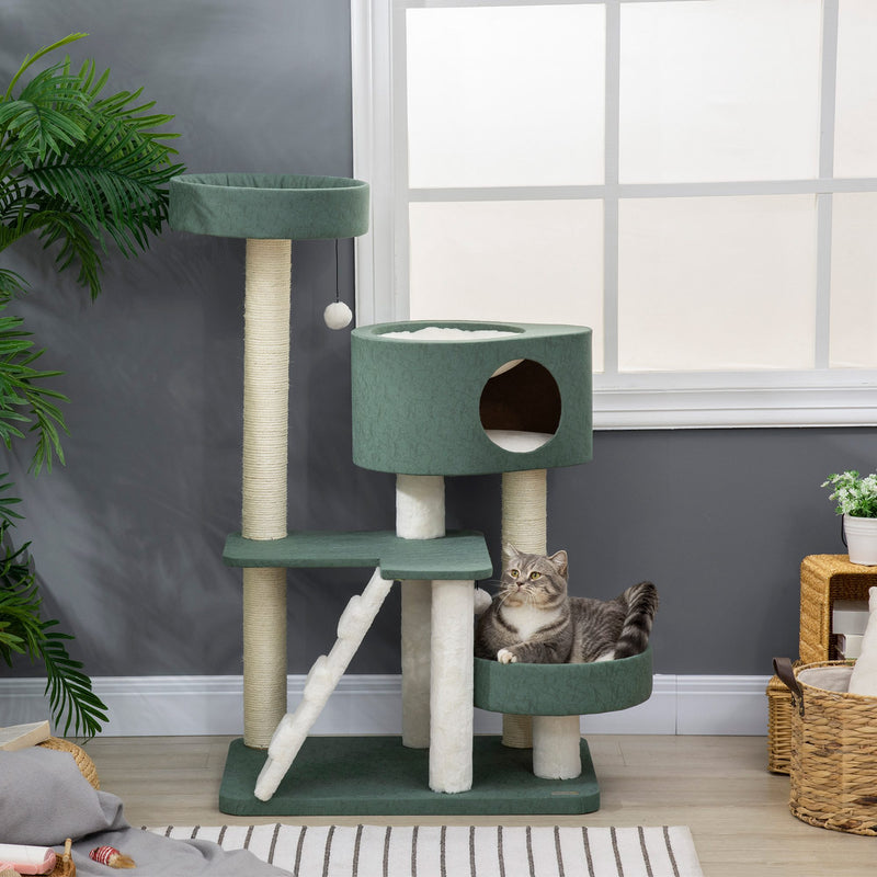 Árvore Arranhador para Gatos Altura 114cm Arranhador para Gatos com 2 Camas Caverna Rede Plataforma Escada Bolas Suspensas e Postes de Sisal 70x50x114cm Verde