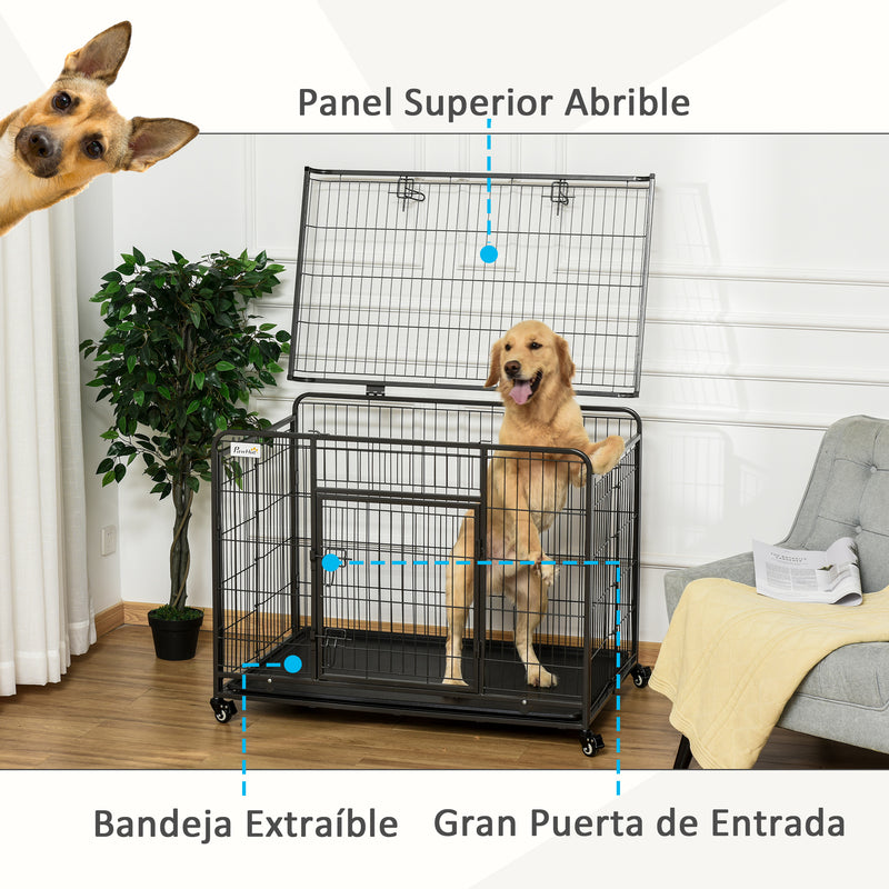 Gaiola de metal dobrável para cães com rodas e freios Bandeja removível e porta com travas 109,5x71x78 cm Cinza escuro