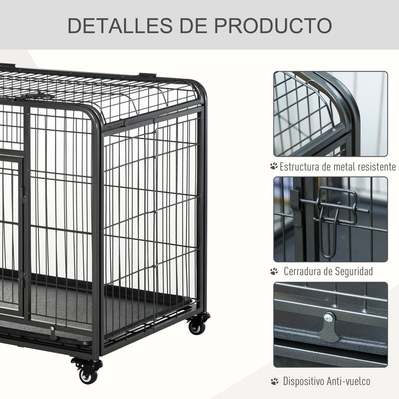 Gaiola de metal dobrável para cães com rodas e freios Bandeja removível e porta com travas 109,5x71x78 cm Cinza escuro