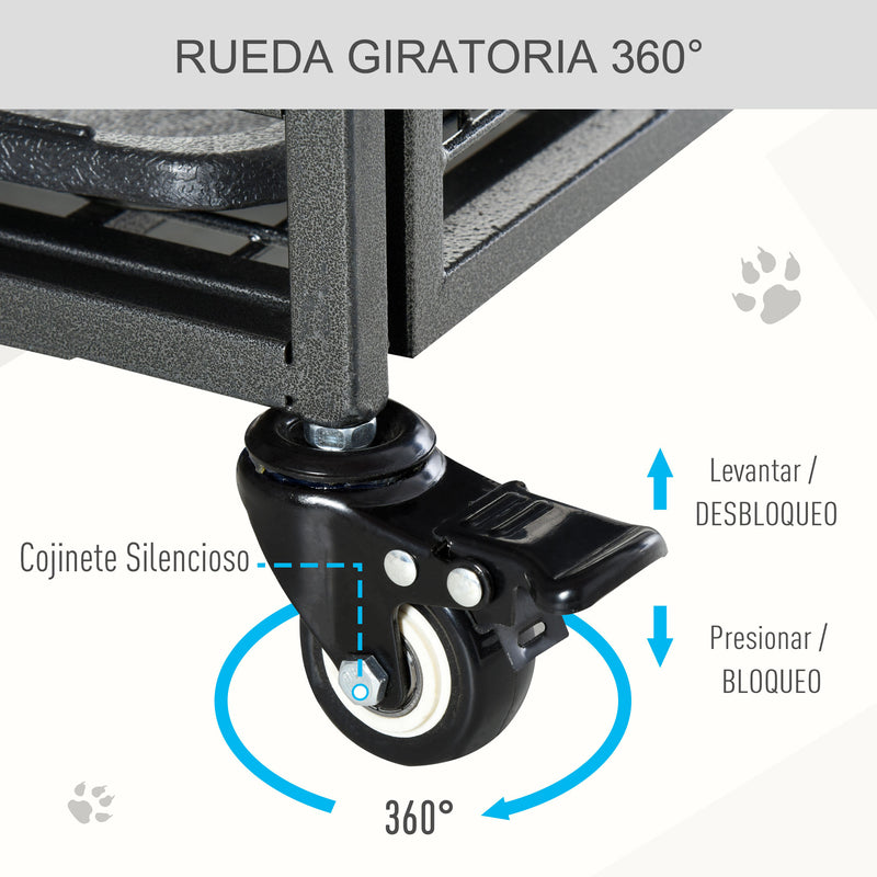 Gaiola de metal dobrável para cães com rodas e freios Bandeja removível e porta com travas 109,5x71x78 cm Cinza escuro