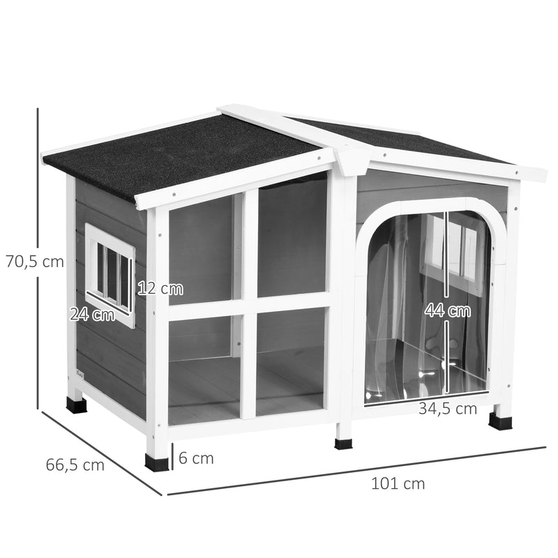 Casa para Cães de Madeira 101x66,5x70,5cm Casa para Animais de Estimação com Teto Abatível Frontal de Acrílico Porta com Cortina e Fundo Amovível Cinza Escuro