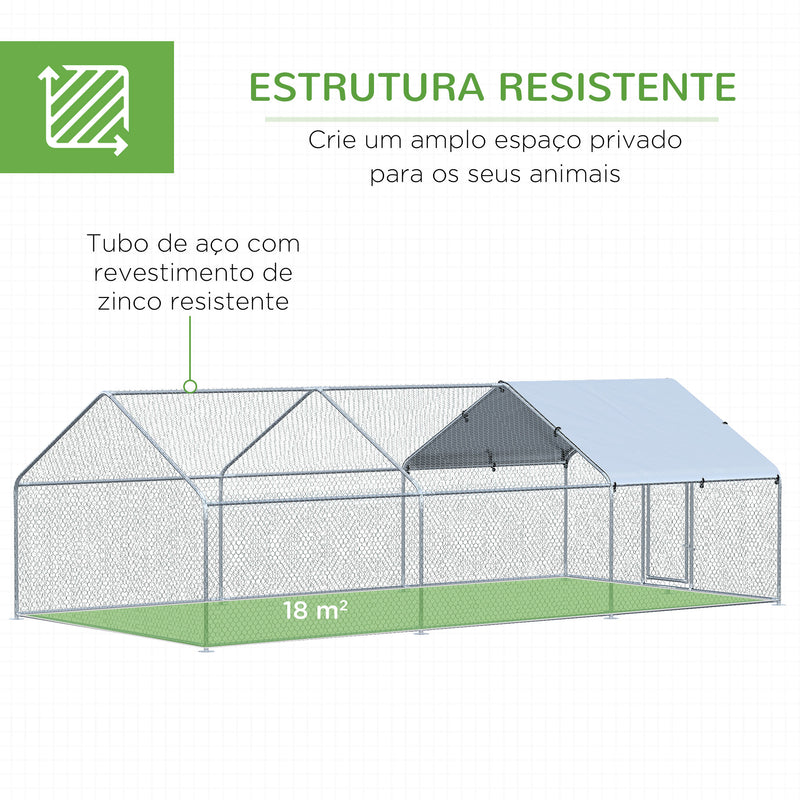 Galinheiro de Exterior Grande 3,03x6x1,95m Gaiola de Metal Galvanizado para Galinhas Coelhos Aves com Fechadura e Cobertura de Tecido de Oxford Prata