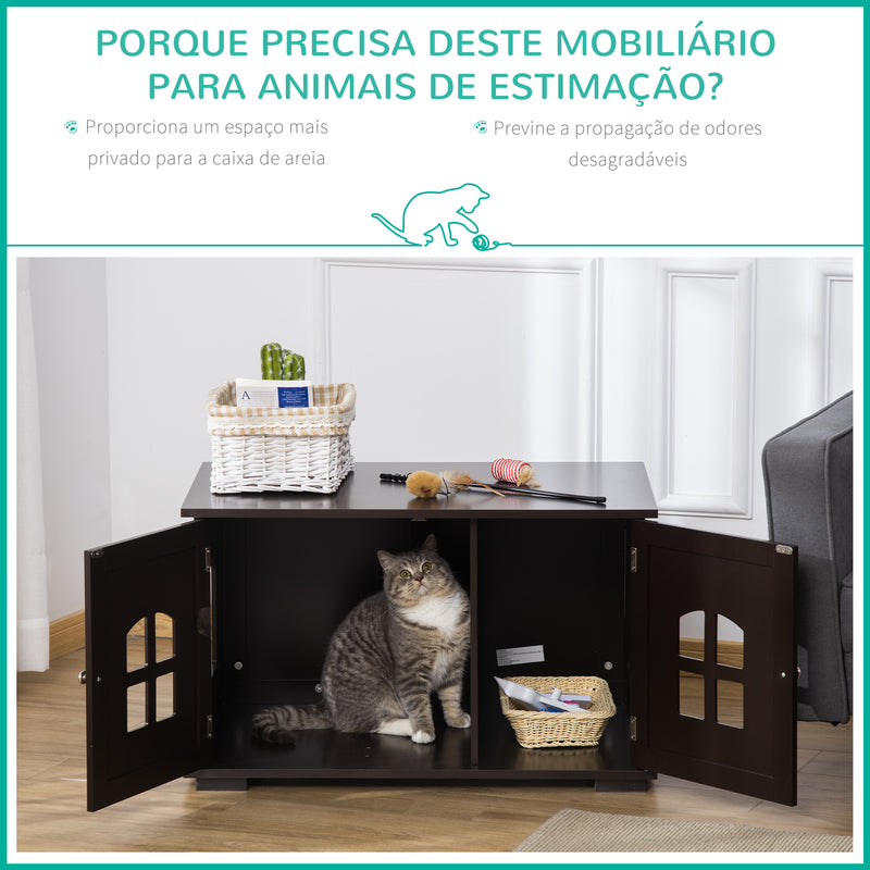 Casa para Gatos de Madeira Móvel para Caixa de Areia para Gatos 2 em 1 com Armário de Armazenamento Ampla Bancada 2 Portas com Janelas e Orifício de Entrada Lateral 80,3x52,6x48,8 cm Café