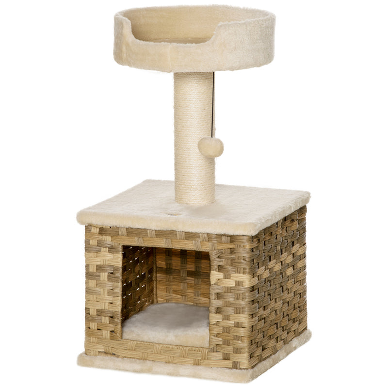 Árvore para Gatos Altura 69cm com Caverna de Vime Sintético Almofada Lavável Cama Superior Poste Arranhador de Sisal e Bola Suspensa 36x36x69cm Bege