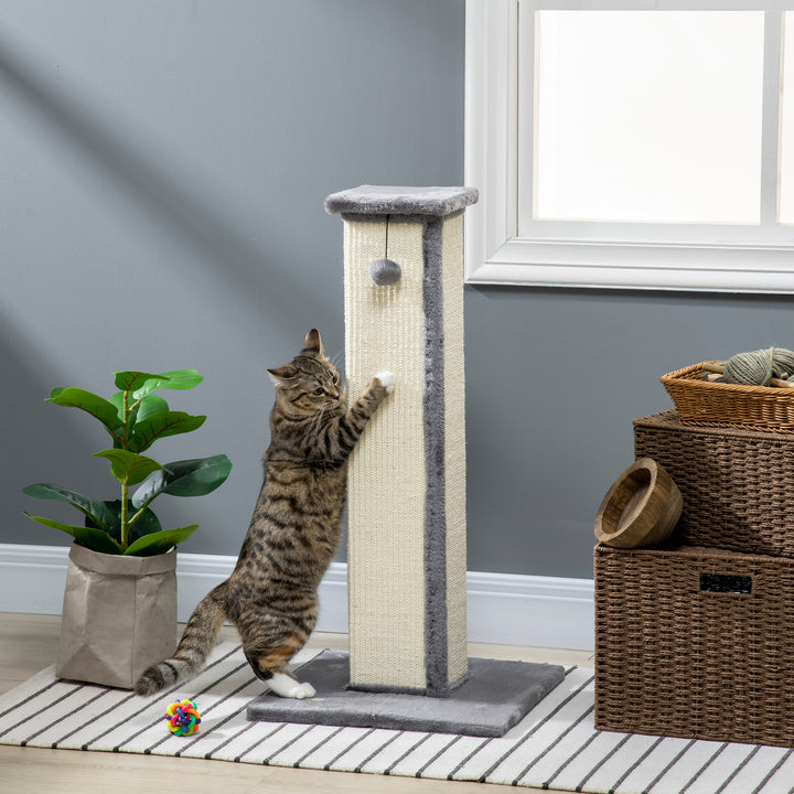 Poste Arranhador para Gatos Altura 81 cm Arranhador para Gatos com Poste de Sisal e Bola Suspensa 41x41x81 cm Cinza e Creme
