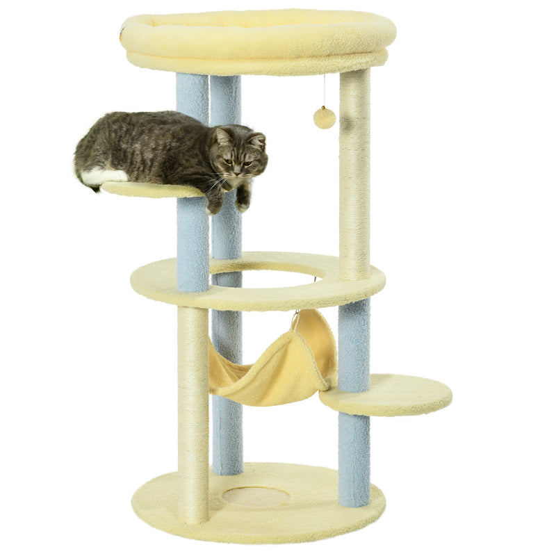 Arranhador para Gatos Médio 110 cm Torre para Gatos Centro de Atividades para Gatos com Rede Poste de Sisal e Bola Suspensa Ø58x110 cm Amarelo e Azul